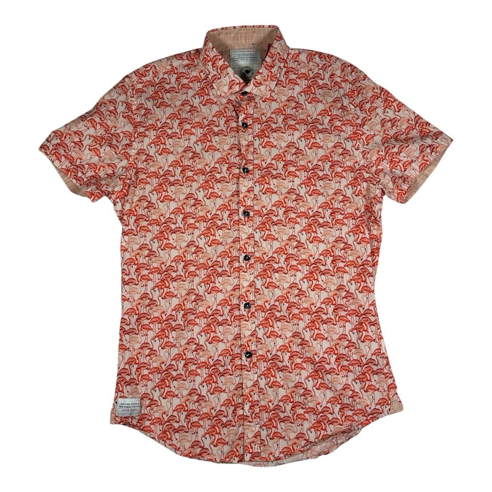 A Fish Named Fred Mens L Pink Flamingo AOP Short Sleeve Stretch Button Up Shirt
